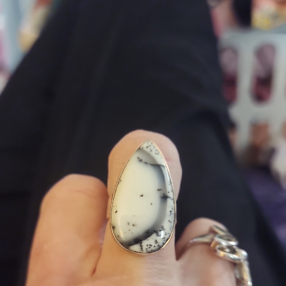 Teardrop White and Black Stone Ring 925 Sterling Silver
